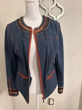 SPANNER Dark Denim Jacket with Orange Zipper and Multicolor Trim